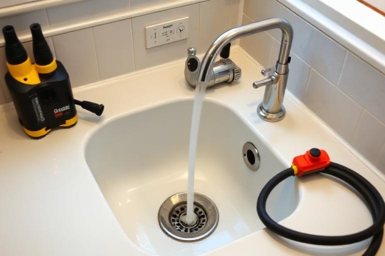 Professional drain cleaning equipment at a kitchen sink